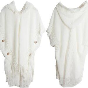 Women's Hooded Poncho Sweater with Fringe- Super Soft